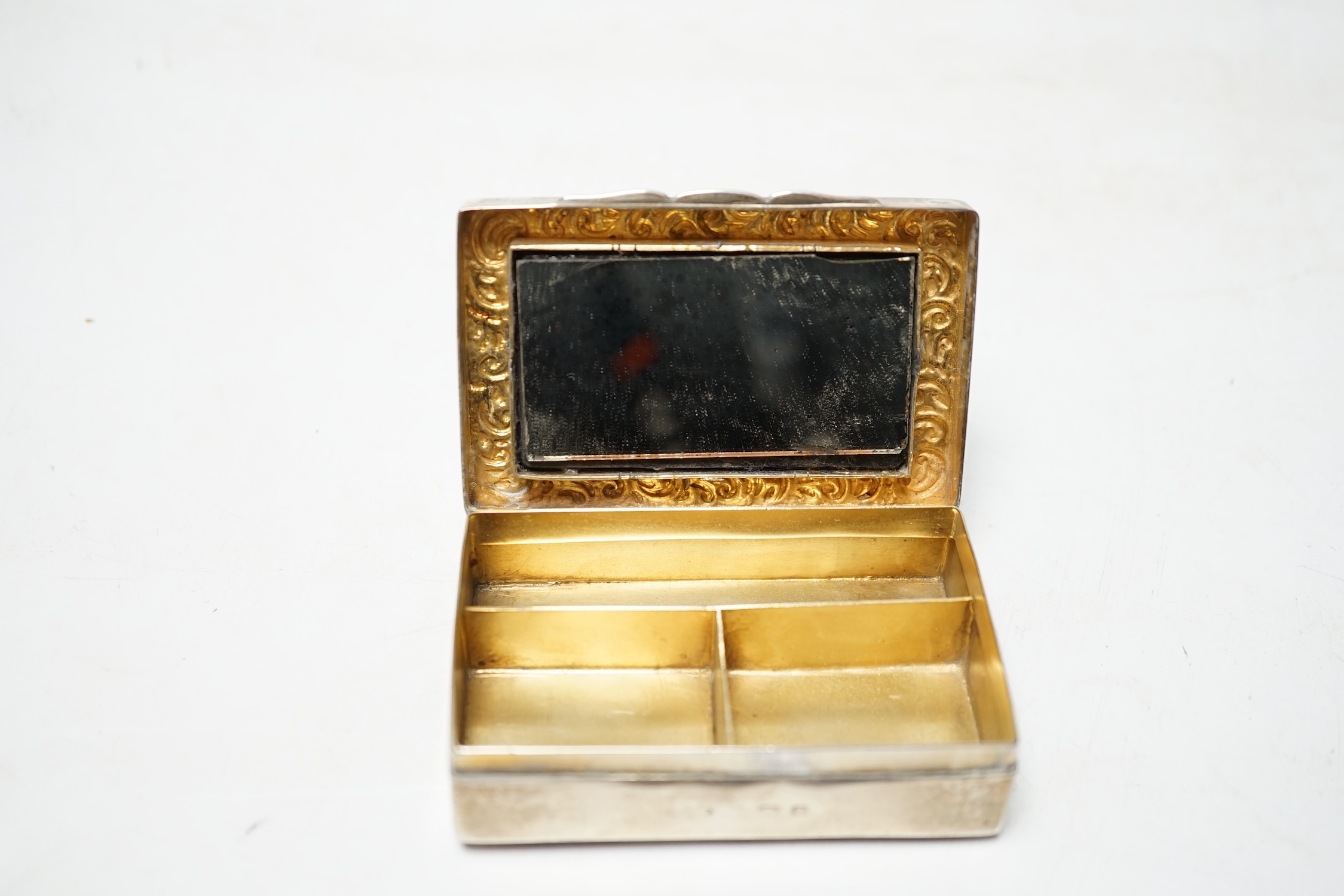 An Edwardian silver and black opal section set minaudiere?, marks rubbed, 73mm. Condition - poor